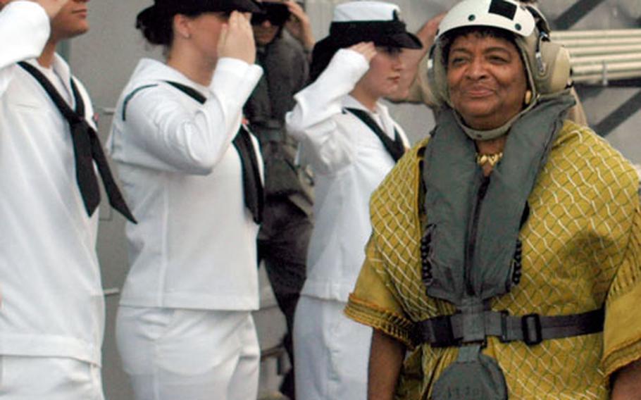 Ellen Johnson Sirleaf, the newly elected president of Liberia, visits USS Mount Whitney Tuesday to thank the ships for making the journey to the African nation in support of the inaugural ceremonies.