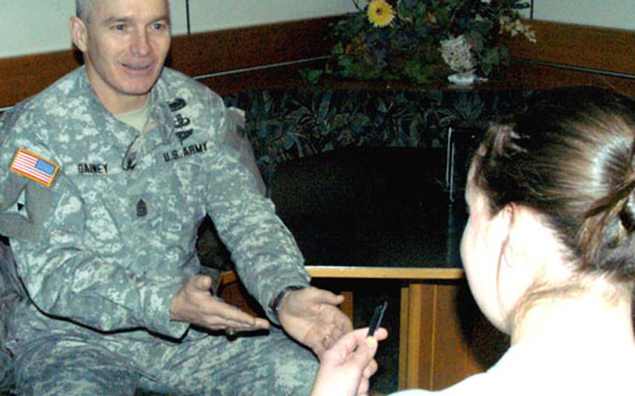 Sgt. Maj. William J. Gainey, senior enlisted adviser to the Joint Chiefs of Staff since October, has been touring the world trying to promote a spirit of compatibility between soldiers, sailors, airmen, Marines and Coast Guardsmen.