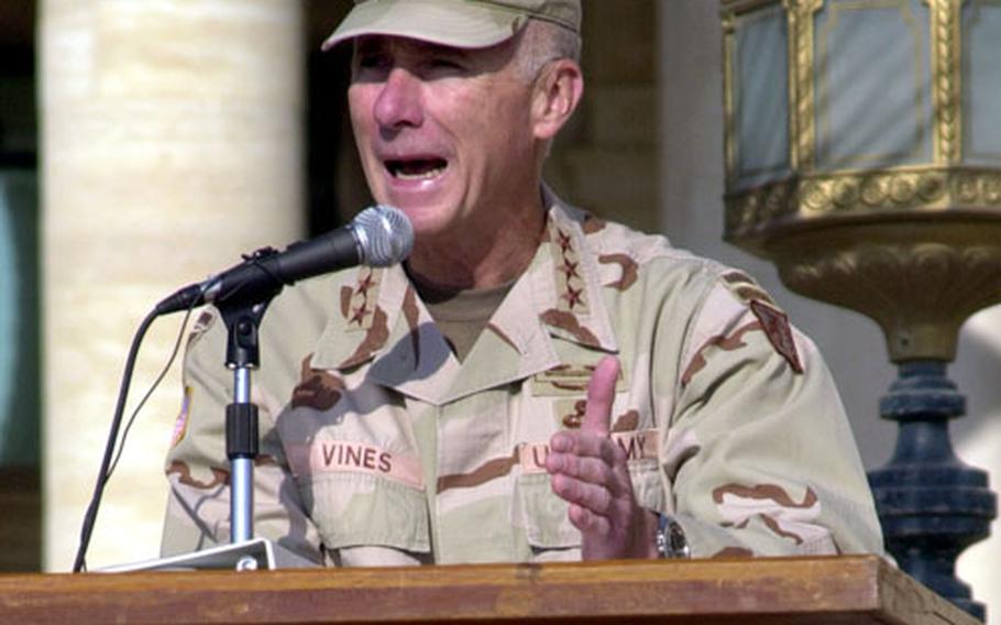 At the change of command ceremony last month, Lt. Gen. John Vines speaks last month at a ceremony to hand the reins of Multi-National Corps-Iraq to Army Lt. Gen. Peter W. Chiarelli at a ceremony at Al Faw Palace. On Tuesday, Vines cautioned that building Iraqi security forces and not other government agencies could set conditions for a military coup after a U.S. withdrawal from Iraq.