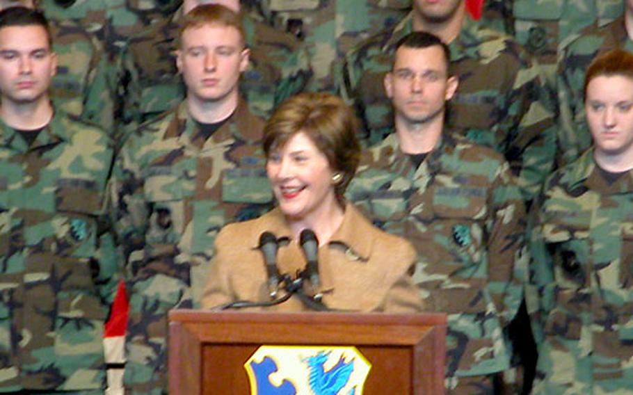 First lady Laura Bush stopped by Aviano Air Base, Italy, on Friday morning before leading the presidential Olympic delegation on to Friday night’s opening ceremonies in Turin.