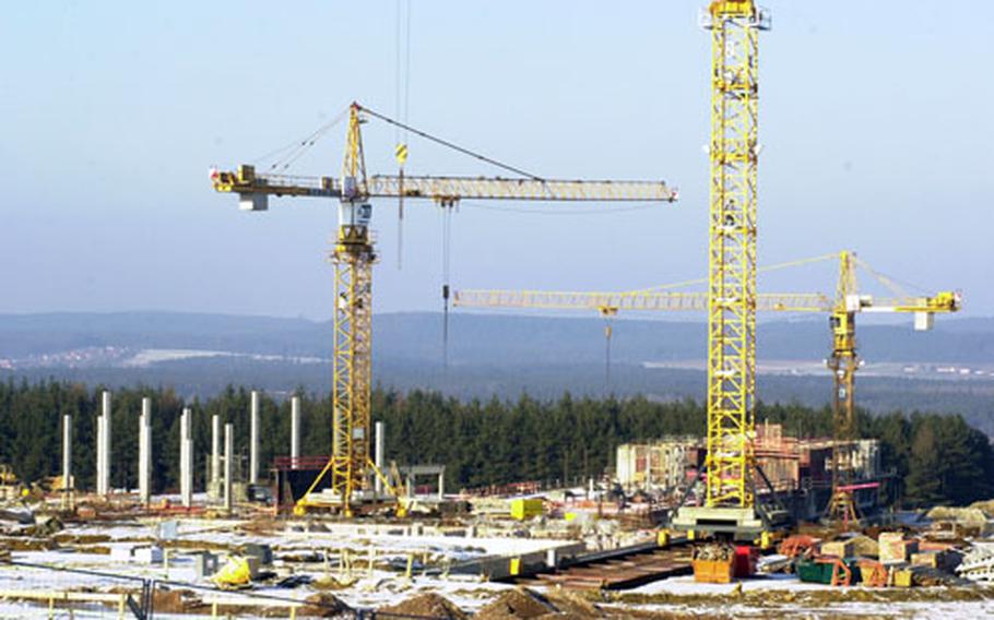 The foundations of new U.S. elementary and middle schools rise on a site that was once home to medieval potato farmers and a guest house where tourists watched the Bavarian army train at Grafenwöhr, Germany.