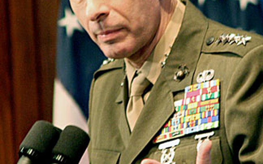 Marine Gen. Peter Pace, chairman of the Joint Chiefs of Staff, speaks at the National Press Club in Washington, D.C., on Friday.