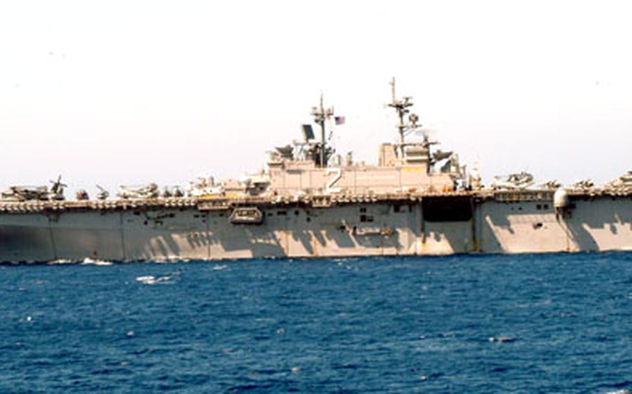 The Sasebo-based USS Essex, transits the Philippines Sea on Friday to take part in Exercise Balikatan 2006. But along with the USS Harpers Ferry and personnel from the Okinawa-based 31st Marine Expeditionary Group, the Essex changed plans to provide assistance to the victims of a recent landslide in Southern Leyte.