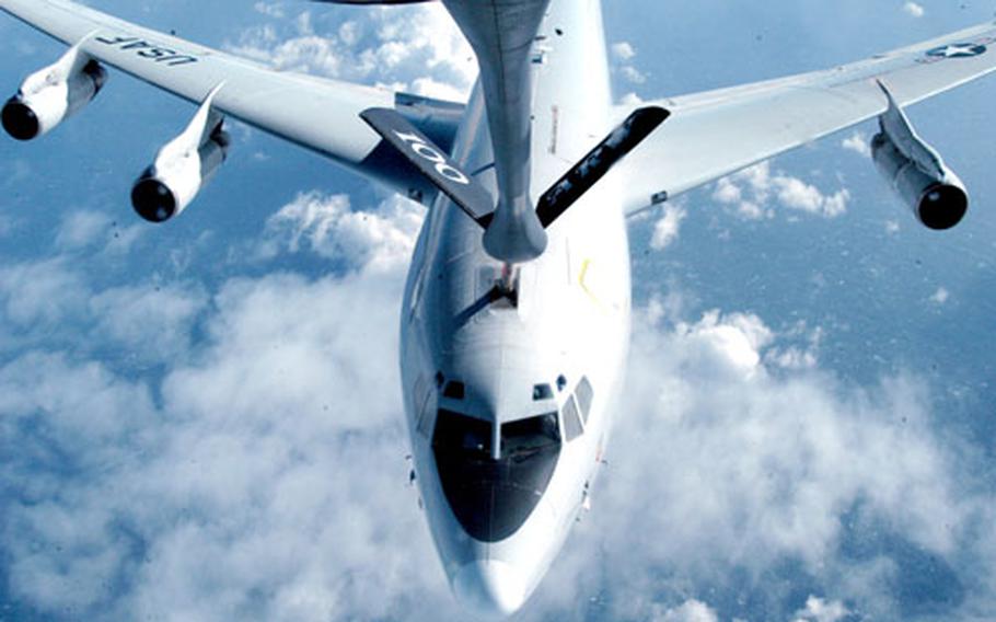A U.S. Air Force E-8 out of Robins Air Force base in Atlanta takes on fuel during an air refueling operation with the RAF Mildenhall-based KC-135 Air Refueling Jet. The refueling crew flew roughly 2,200 miles to offload 66,000 gallons of fuel in 20 minutes.