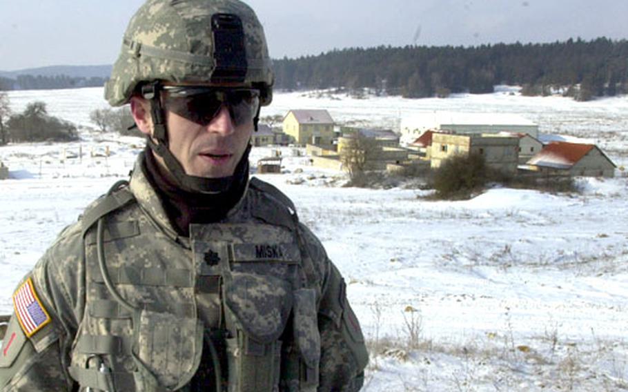 Lt. Col. Steve Miske, the 2nd Brigade Combat Team, 1st Infantry Division executive officer. In the background is Schwend, a military operations and urbain terrain facility in Hohenfels, Germany.