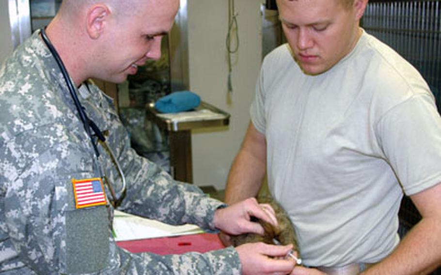 Army Capt. Kevin Hinton, left, gives a shot to a pet cat with help from Spc. Nick Kersting at the Sasebo Veterinary Treatment Facility. Hinton is the veterinarian for Marine Corps Air Station Iwakuni and Sasebo Naval Base, making the 700-mile round trip by train twice a month to care for military working dogs and about 850 pets among personnel at both bases.