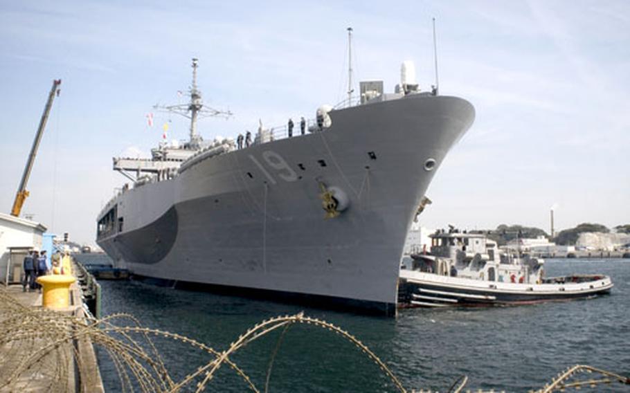 USS Blue Ridge, 7th Fleet command ship, pulls into Yokosuka Naval Base, Japan, on Friday morning after a Pacific diplomatic tour.
