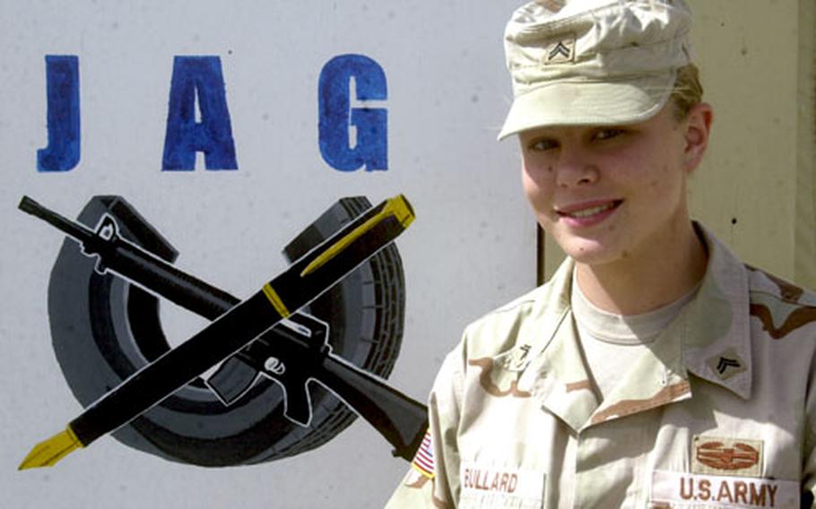 Army Cpl. Krista Bullard, a paralegal with the 37th Transportation Command out of Kaiserslautern, Germany, earned the Combat Action Badge in late January when she fired a .50-caliber machine gun during an ambush outside of Baghdad.