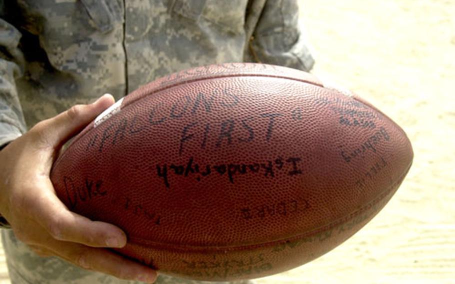 The Battery B, 1st Battalion, 77th Field Artillery Regiment “game ball” successfully made it back to Camp Arifjan, Kuwait, on Saturday after a convoy picked up retrograde equipment from Baghdad International Airport last week and returned to Arifjan.