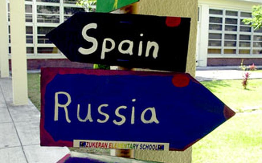 Signs point to some of the 24 cultures that were highlighted at Zukeran Elementary School on Camp Foster, Okinawa, on Friday.