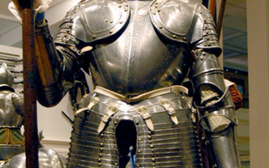 A model of a European foot soldier stands guard in the war gallery.