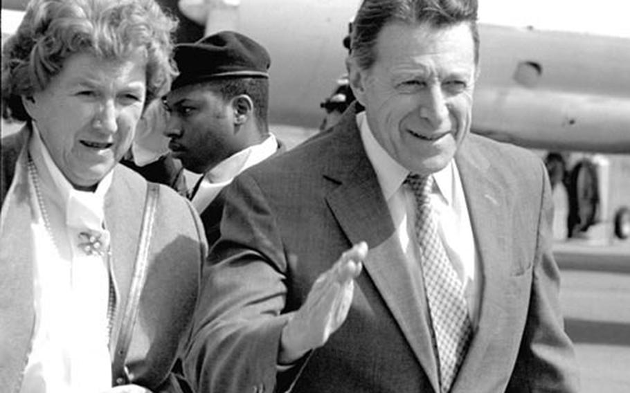 Secretary of Defense Caspar Weinberger arrives at Yokota Air Base for a short visit in April 1986. Weinberger died Tuesday, March 28, 2006, at age 88.