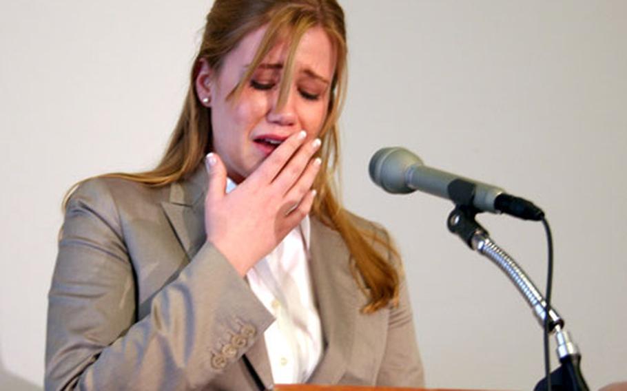 Caitlin Stopper, 20, holds back tears as she recalls sexual harassment as a cadet at the U.S. Coast Guard Academy in 2005. Last week, she and other women spoke at an event highlighting problems in the military’s response to sexual crimes.