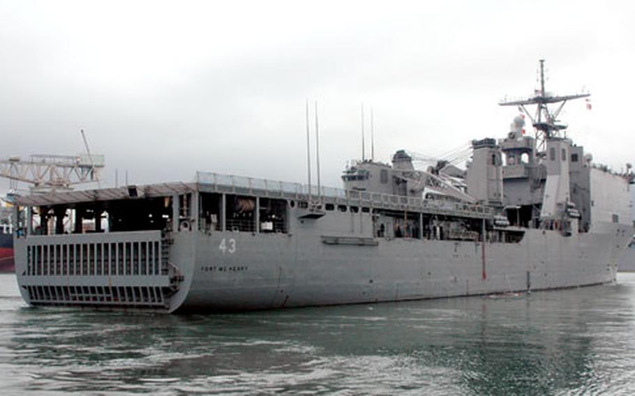 The amphibious dock-landing ship USS Fort McHenry, part of the Forward Deployed Naval Forces since 1995, departs Sasebo Naval Base’s India Basin for the last time Thursday afternoon. The USS Tortuga and Fort McHenry finished a hull swap Wednesday.