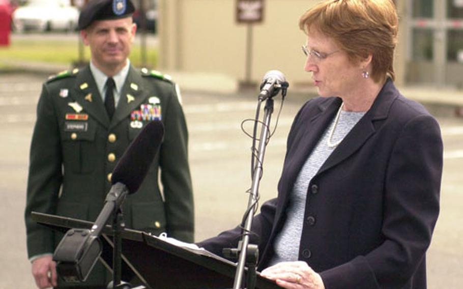 Jane Deck, granddaughter of Brig. Gen. Crawford F. Sams, speaks Friday as the Army recognized Sams and his achievement as a soldier and healer by renaming Camp Zama’s medical clinic the Brig. Gen. Crawford F. Sams U.S. Army Health Clinic.