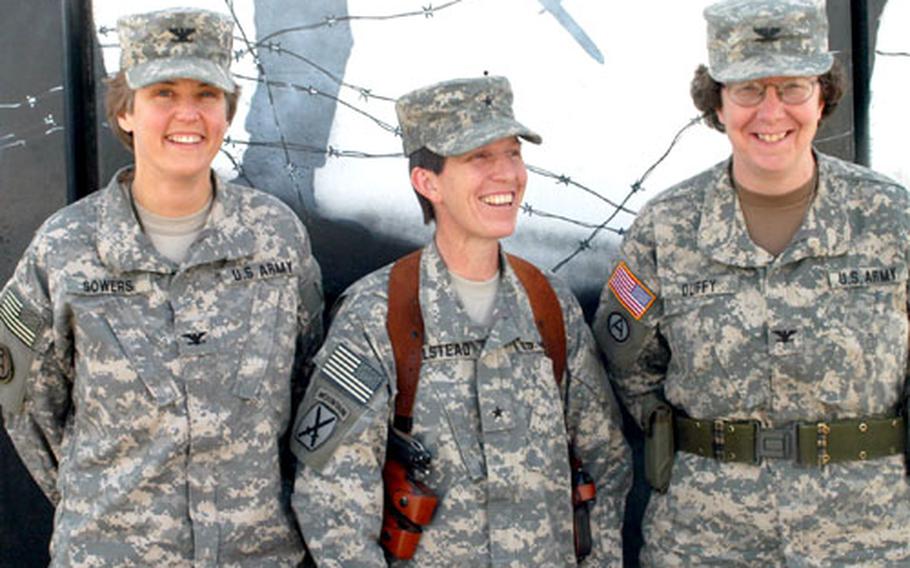 The 3rd Corps Support Command is classified by some as “unique” because it is headed by three women. Those women, from left, Col. Susan Sowers, Brig. Gen. Becky Halstead and Col. Sharon Duffy are stationed at Camp Anaconda on Balad Air Base in Iraq.