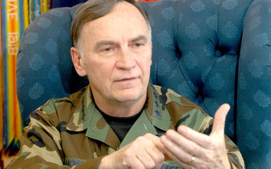 United States Air Forces in Europe commander Gen. Tom Hobbins gestures during an interview with Stars and Stripes in his office at Ramstein Air Base, Germany.