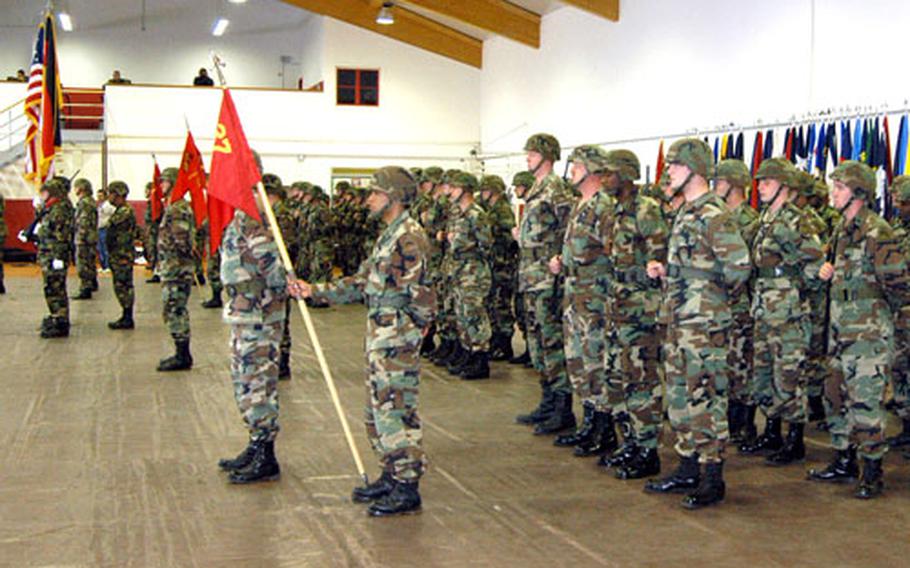 Soldiers of 1st Battalion, 27th Field Artillery Regiment stand in formation at the unit’s inactivation ceremony in Babenhausen, Germany.