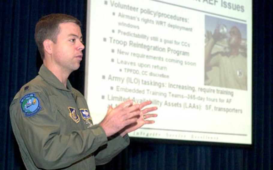 Lt. Col. Eric Armstrong from the Pacific Air and Space Expeditionary Force Team Tuesday briefs airmen about to be deployed from Yokota Air Base, Japan.