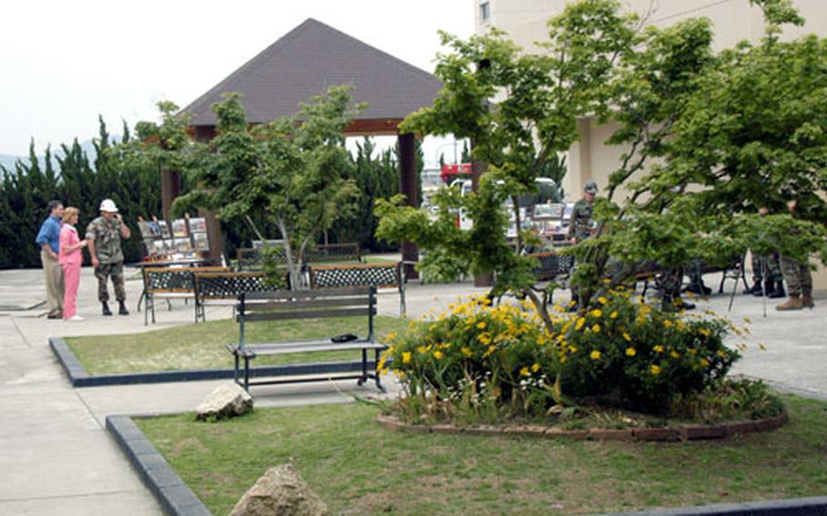 A view of the new student courtyard and pavilion at M.C. Perry High School at Marine Corps Air Station Iwakuni.
