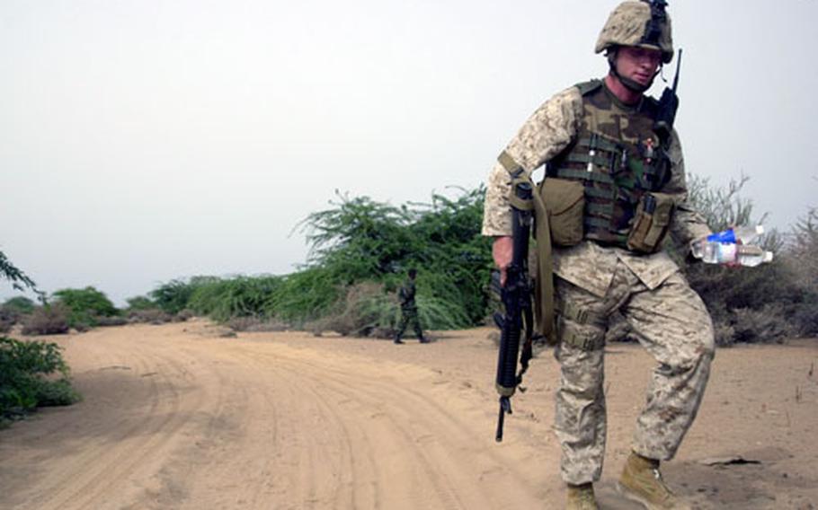 A U.S. Marine sets out on a foot patrol outside Camp Lemonier, Djibouti. The areas around the camp are populated with some of the most poisonous snakes in the world.