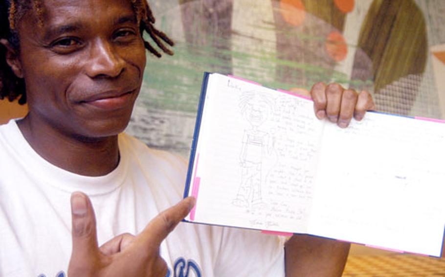 Folks ask for comedian Duke Alexander’s autograph, so he asks for theirs in return. The Yokosuka-based substitute teacher, coach and stand-up has collected signatures for over a year and reads them before every gig “to reassure myself that I’m funny.”