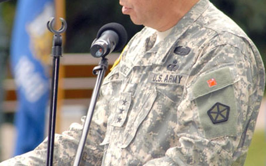Lt. Gen. Ricardo Sanchez, commander, U.S. Army V Corps, speaks during the 1st Infantry Division farewell ceremony.