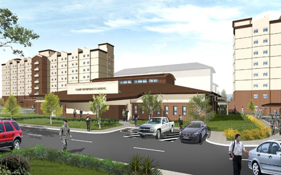 An artist’s rendering depicts a dining hall and new barracks slated for construction at Camp Humphreys in South Korea. The facilities are part of a new round of building that will see barracks and other structures go up in the post’s MP Hill and Zoeckler Station areas by 2008. The picture shows part of the MP Hill portion of what’s planned.
