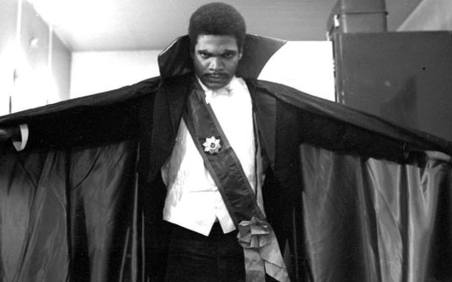 Capt. John D. Billingslea Jr. gets ready to go on stage as Dracula at Frankfurt in July, 1972.