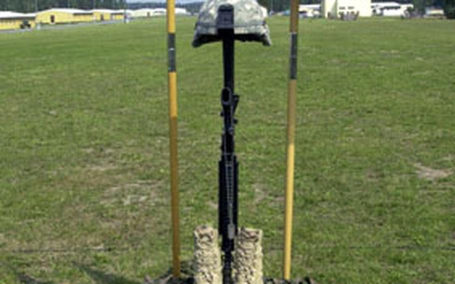 A memorial display stands for Spc. Joshua E. Mullinix, who died at Grafenwöhr’s Range 126 on July 11.