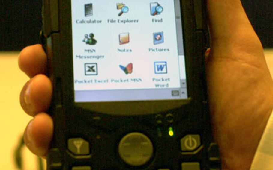 A rugged, handheld personal computer from the U.K.-based Armoured Technology Ltd. is displayed at the 2006 Technology Expo at Ramstein Air Base on Tuesday.