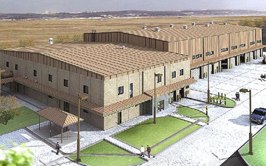 Artist’s rendering of the new $9.7 million maintenance facility to be built at Camp Carroll in South Korea. The state-of-the-art structure will allow workers to pull maintenance on as many as 36 tanks or other vehicles at one time, rather than the six they can maintain at once in an existing facility. It’s slated for completion in November 2007.