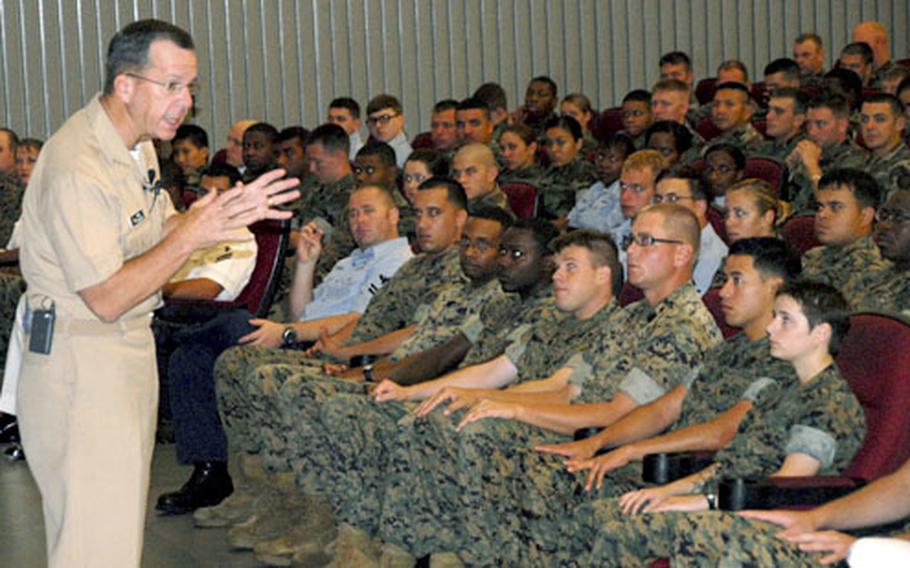 Adm. Michael Mullen, chief of naval operations, addresses the enlisted sailors stationed on Okinawa. “You’re making a difference in what I consider a very critical time," he said.