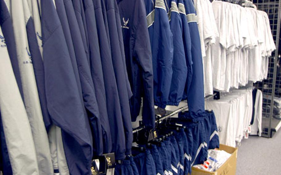 Physical training clothes line the racks of the Exchange on Yokota Air Base, Japan, on Wednesday.