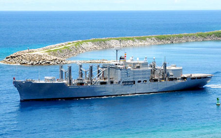 The USNS San Jose sails toward Wake Island on Sept. 4. Aboard the San Jose were members of Andersen Air Force Base’s 36th Contingency Response Group and U.S. Navy Helicopter Sea Combat Squadron 25. The ship and crew assessed damage from Super Typhoon Ioke and determined the island’s airstrip is structurally sound.