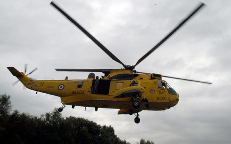The Royal Air Force B Flight, 22nd Squadron Sea King helicopter hovers over the North Sea during a recent training exercise.