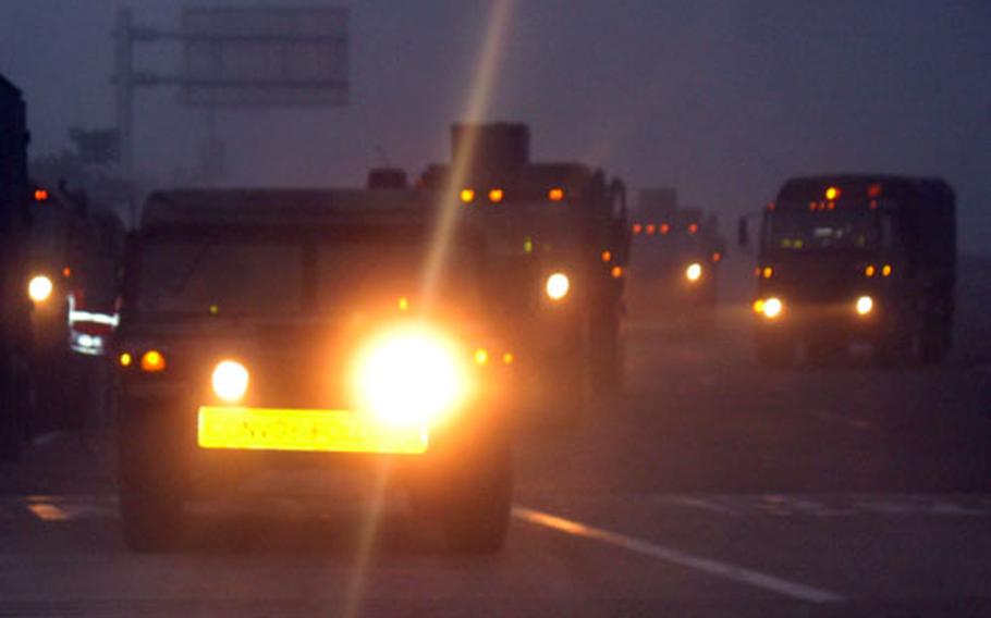 2nd Battalion, 1st Air Defense Artillery Regiment, a U.S. Army Patriot missile unit, conducts a night convoy in moving from Gwangju Air Base in South Korea to Camp Carroll in Waegwan recently.