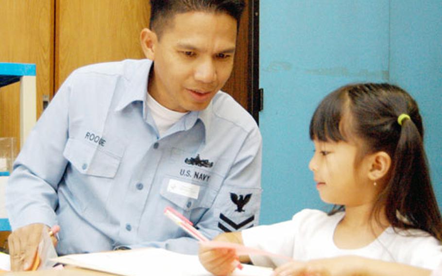 Petty Officer 1st Class Demetrio Roque got command permission to spend some time helping his daughter Leila in the “Mamas and Papas” English as a Second Language class at The Sullivans School in Yokosuka. Tagalog is their first language.