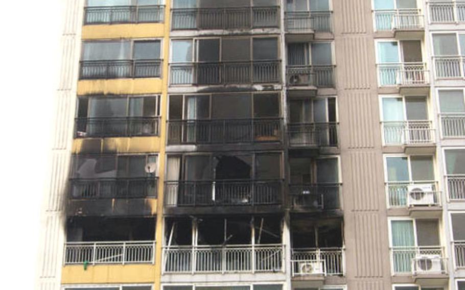 A South Korean couple and their infant daughter fell to their deaths early Saturday after a fire engulfed their seventh-floor apartment at Sunnyvale Apartments in Yangju. Area I personnel living in the building and nearby watched as Yangju firefighters waited for a ladder team that could reach the blaze.