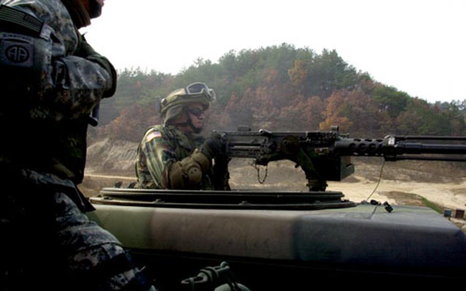Pfc. Matthew Elder of the 2nd Combat Aviation Brigade’s 4th Battalion, 2nd Aviation Regiment, fires .50-caliber blank rounds toward opposition forces and pop-up targets Friday at Rodriguez Range, South Korea.