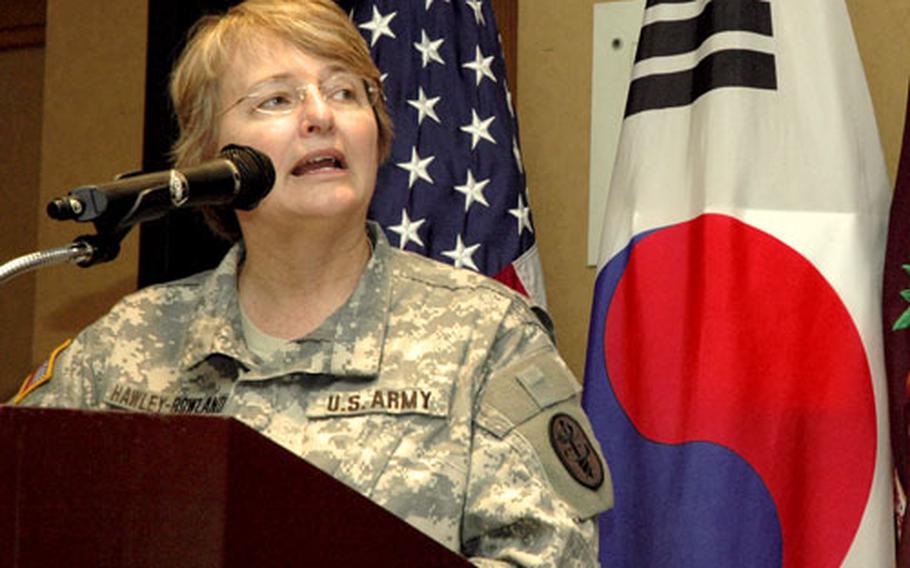 Maj. Gen. Carla G. Hawley-Bowland, the commander of Pacific Regional Medical Command at Tripler Army Medical Center in Hawaii and the Army’s Pacific command surgeon, speaks Friday at Yongsan Garrison in South Korea.