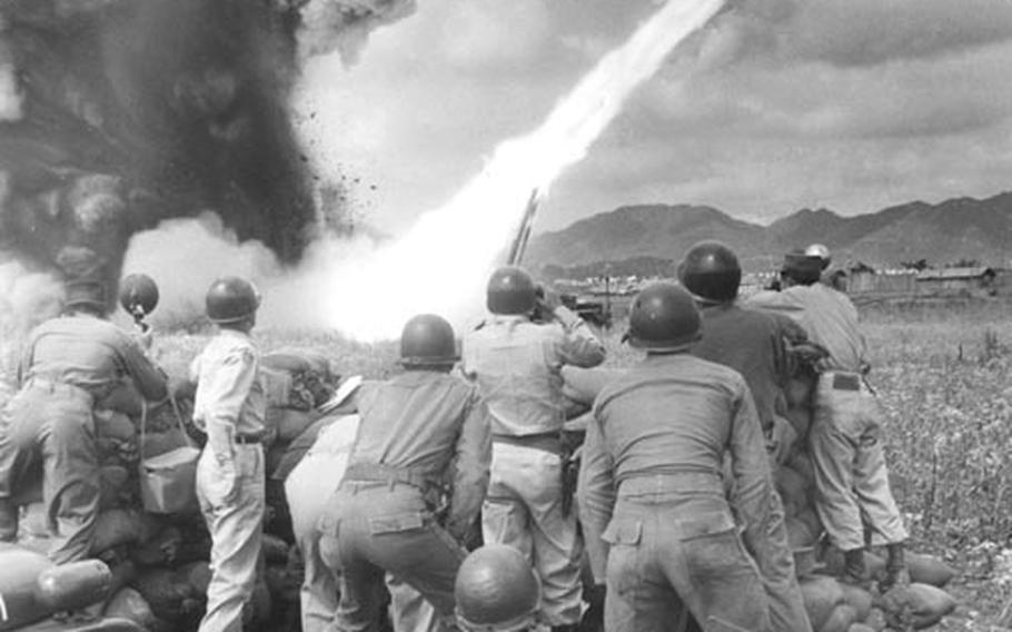 An Honest John rocket blasts off at a firing range in South Korea in 1959.
