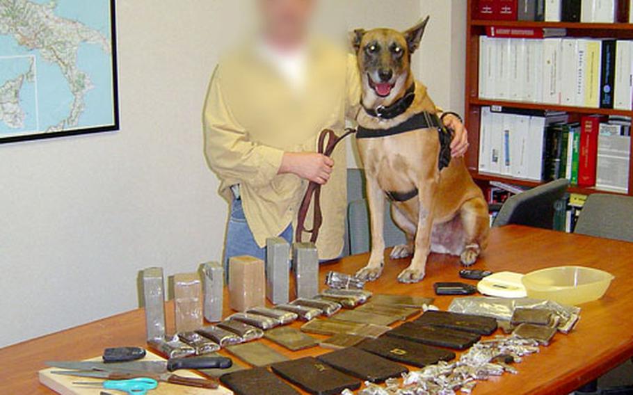 A U.S. Navy dog handler and his dog helped Italian authorities nab an Italian man who worked at the U.S. military base library. A search of the man’s car netted 4 kilograms of hash, and a follow-up search of the man’s home netted hash, marijuana and cocaine. In all, the drugs were estimated to be worth more than $230,000. The names of the handler and the dog are being withheld for their protection, the Navy said.