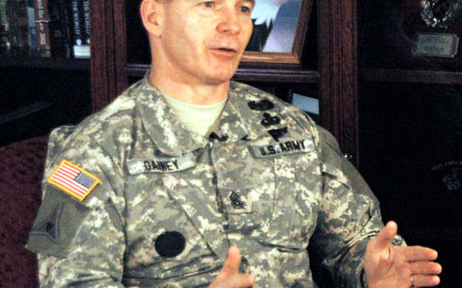 Command Sgt. Maj. William Gainey, senior enlisted advisor to the chairman of the Joint Chiefs of Staff, gives a media interview Wednesday at Yokota Air Base, Japan.