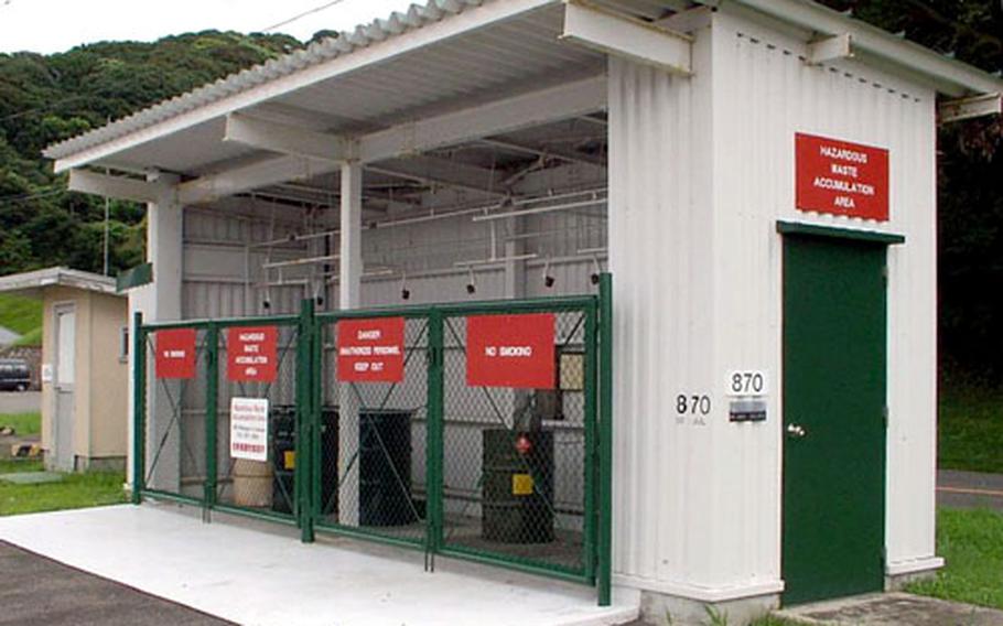 This Hazardous Waste Accumulation Point is a good example of proper hazardous-waste storage at Sasebo Naval Base, Japan.