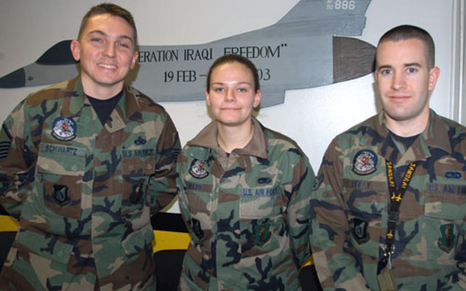 Maintainers with the 35th Aircraft Maintenance Squadron who will deploy to Iraq with the 14th Fighter Squadron at Misawa Air Base, Japan, include, from left: Master Sgt. John Schwartz, Airman 1st Class Jennifer Mayo and Airman 1st Class Kevin Reilly.