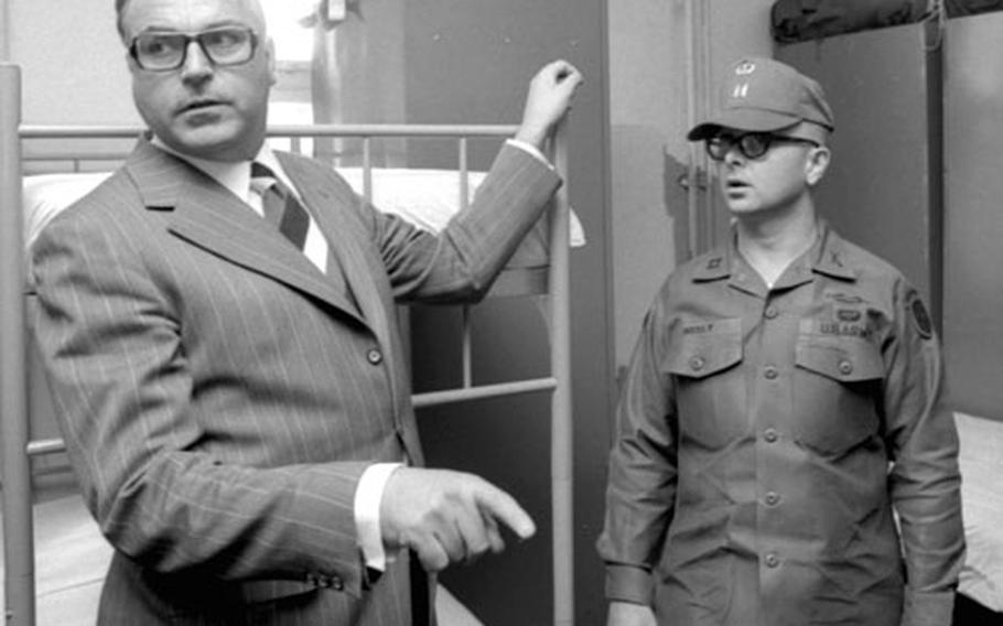 Dr. Helmut Kohl, minister-president of Rheinland-Pfalz, visits U.S. troops at Lee Barracks in Mainz.