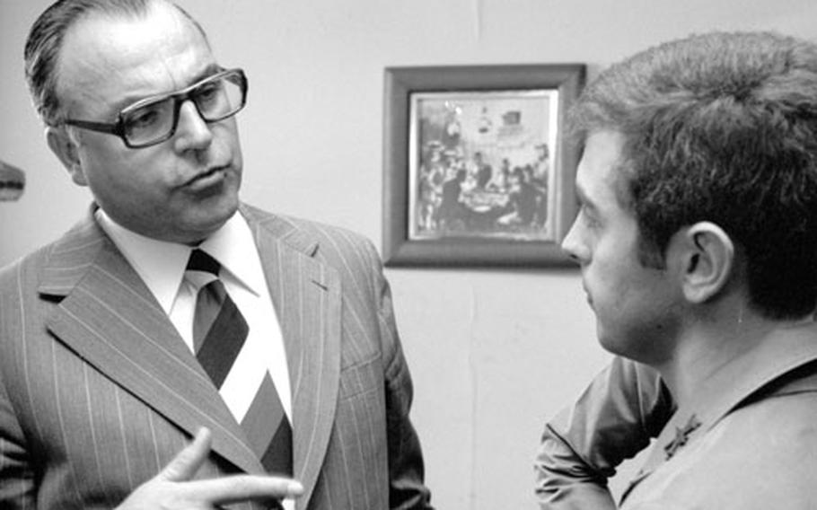 Dr. Helmut Kohl, minister-president of Rheinland-Pfalz, visits U.S. troops at Lee Barracks in Mainz.
