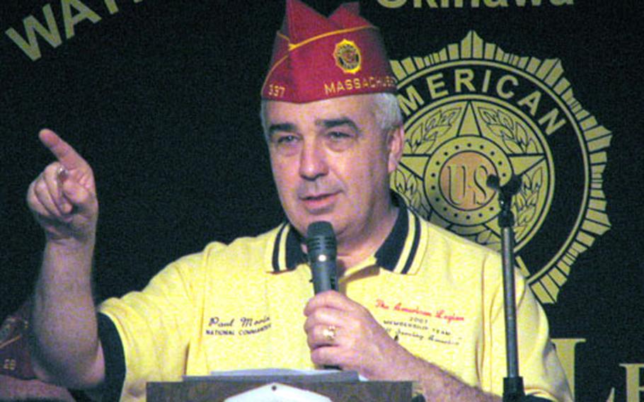 Paul A. Morin, National Commander of the American Legion, addresses Post 28 on Okinawa Wednesday.