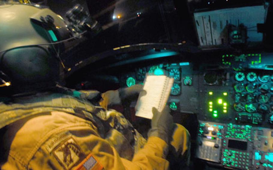 Chief Warrant Officer 4 Charles “Chico” Cantu consults a pre-flight checklist before taking off on a night “Lightning Express” run from Contingency Operating Base Speicher recently.